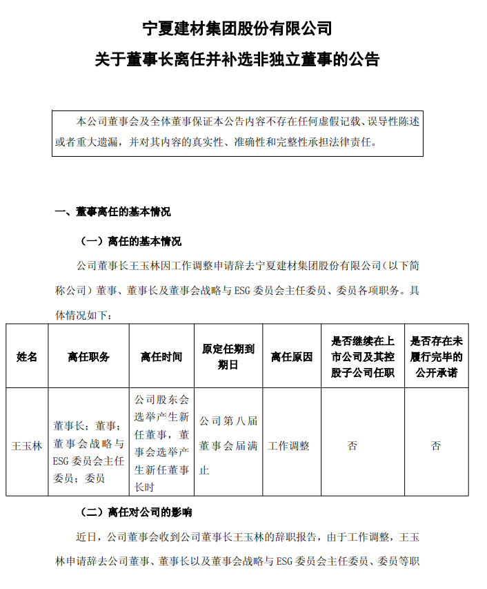 寧夏建材多位高管變動(dòng)！董事長(zhǎng)王玉林因工作調(diào)整離任！